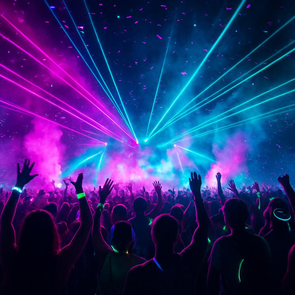 Festival crowd at night with colorful laser lights and glow accessories