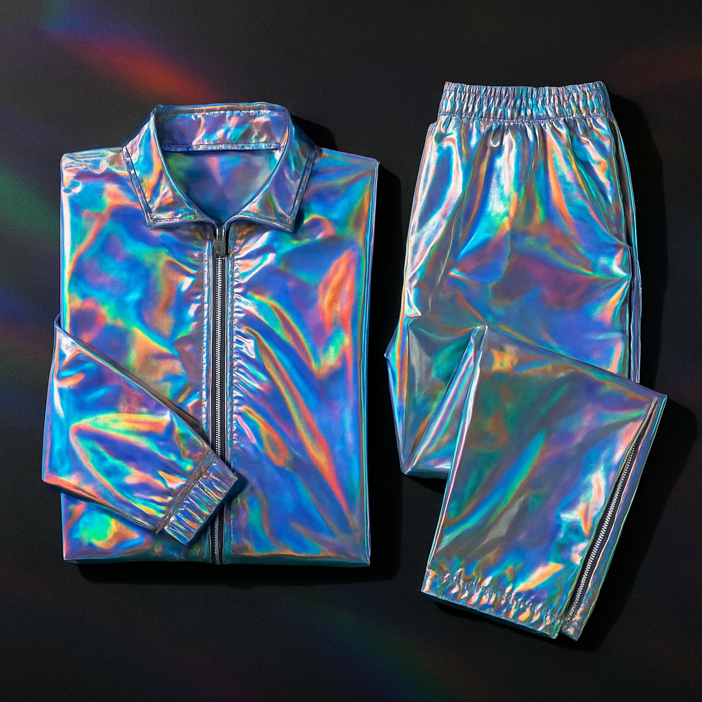 Holographic festival clothing flat lay