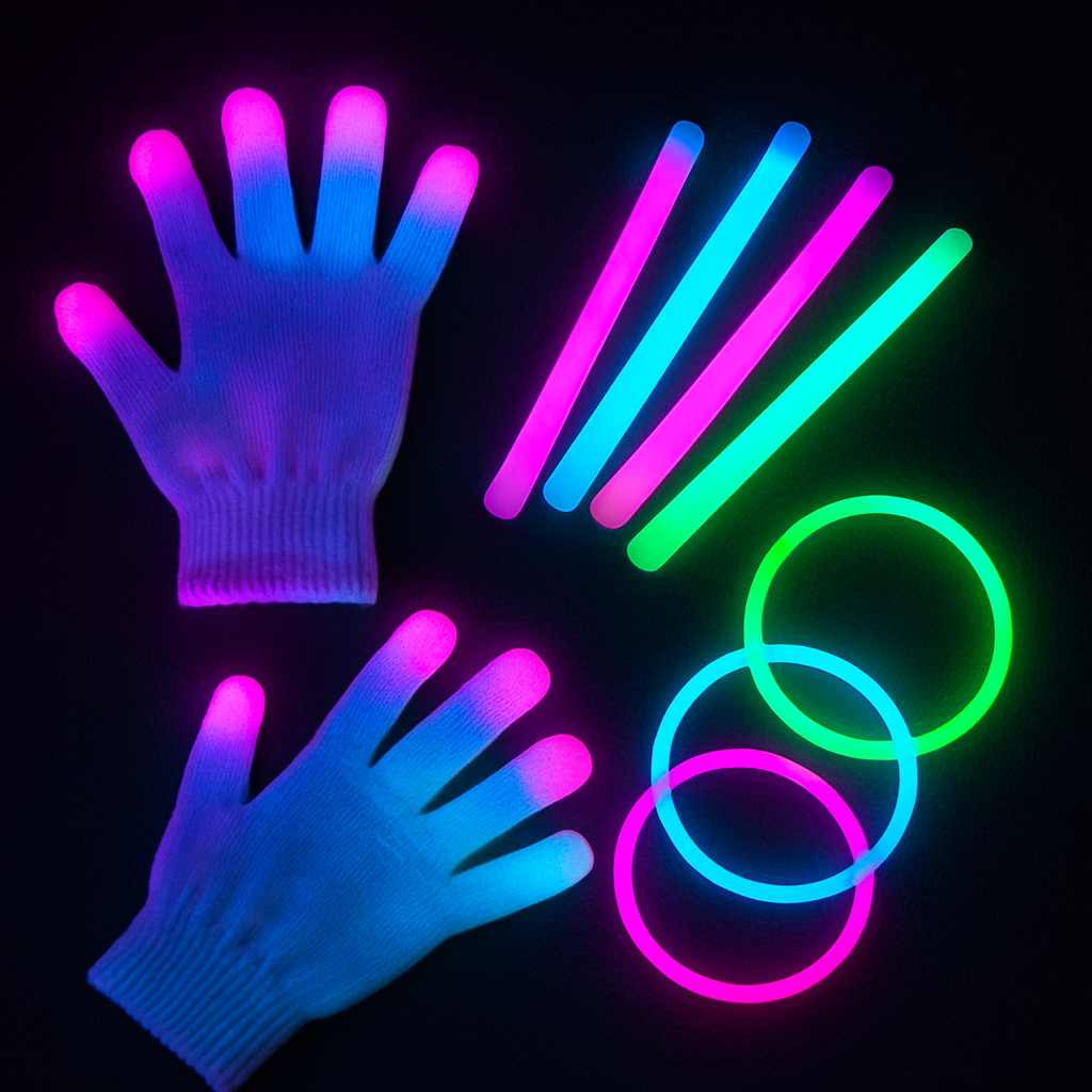 Glowing LED rave accessories on a dark surface